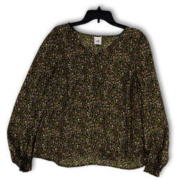 Womens Black Green Floral V-Neck Long Sleeve Pullover Blouse Top Size Large