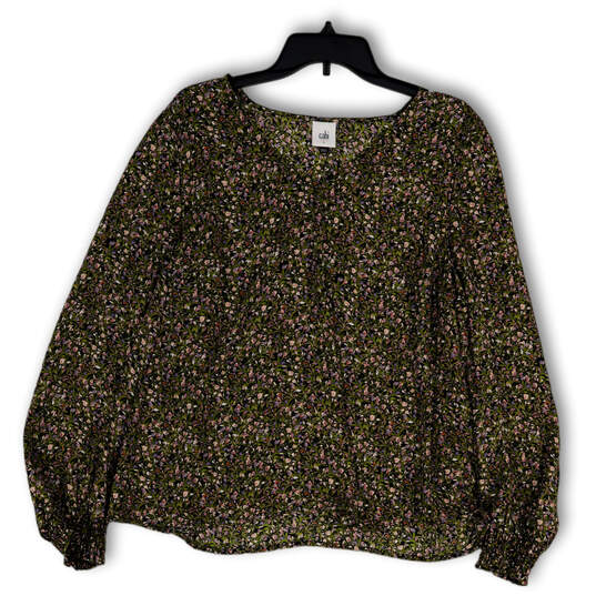 Womens Black Green Floral V-Neck Long Sleeve Pullover Blouse Top Size Large image number 1