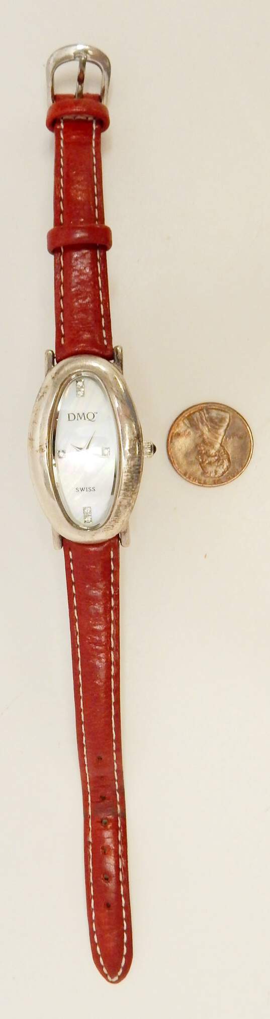 DMQ 925 Diamonique CZ Mother Of Pearl Dial Red Leather Strap Swiss Watch 21.0g image number 9