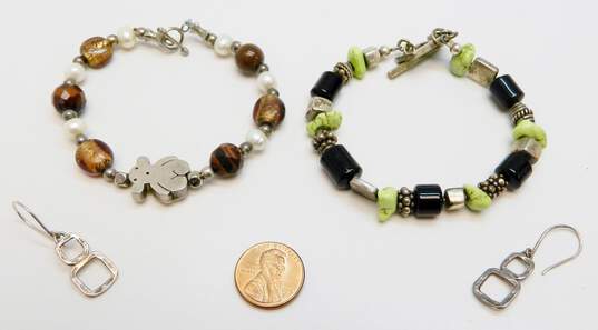 Tous & Artisan 925 Textured Squares Drop Earrings & Teddy Bear Tigers Eye Dichroic Glass Pearl Magnesite & Granulated Bead Toggle Bracelets 43.5g image number 5
