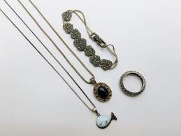 Sterling Silver Marcasite Black Glass & Enamel Whale Pendant Necklaces Heart Slider Bracelet & Ring 26.6g