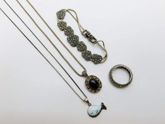 Sterling Silver Marcasite Black Glass & Enamel Whale Pendant Necklaces Heart Slider Bracelet & Ring 26.6g image number 1