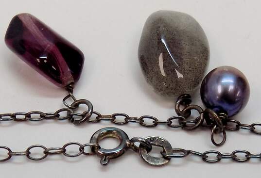 Rustic 925 Labradorite Dark Pearl & Purple Glass Tassel Pendant Necklace & Lapis Lazuli & Hammered Ball Bead Drop & Flat Hoop Earrings 17.1g image number 3