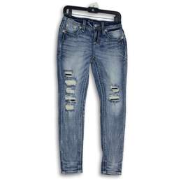 Womens Blue Denim Embroidered Medium Wash 5-Pocket Design Skinny Jeans Size 26