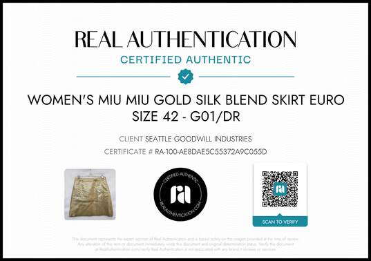 Miu Miu Women's Gold Silk Blend Mini Skirt Size 10 US w/COA image number 2