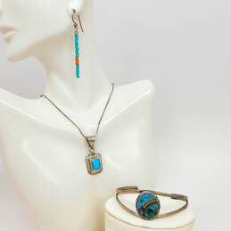 Artisan 925 Faux Turquoise Pendant Necklace Blue & Orange Beaded Drop Earrings & Crushed Stone & Abalone Rainbow Cuff Bracelet 21.1g