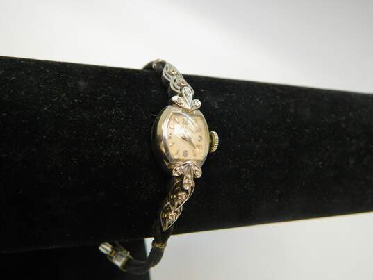 Vintage Lady Elgin 14K White Gold Diamond Accent Case 21 Jewels Black Cord Wrist Watch 12.2g image number 1