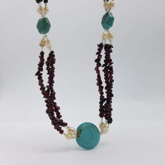 Sterling Silver Garnet Turquoise Fw Pearl Triple Strand Link Necklace 70.3g image number 1