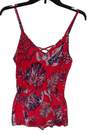 Womens Red Floral V Neck Spaghetti Straps Waist Drawstring Fit And Flare Dress M image number 3