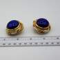 Ben Amun Vintage | Signed Gold Tone Blue Glass Earrings Clip On Cabochon Ribbed Bezel 1in image number 4