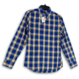 NWT Mens Blue Yellow Plaid Long Sleeve Collared Button-Up Shirt Size Small