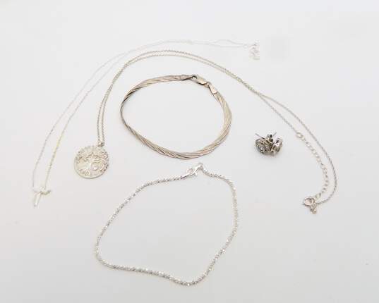 925 Sterling Silver CZ Stud Earrings Cross & Tree Pendant Necklaces & Popcorn & Braided Herringbone Chain Bracelets 14.6g image number 1