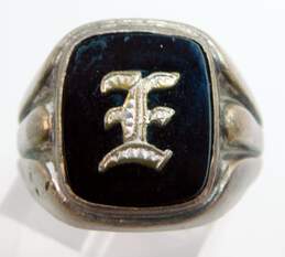 Art Deco Sterling Silver Onyx Old English E Initial Ring 6.6g