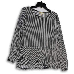 Womens Black White Striped Round Neck Long Sleeve Pullover Blouse Top Sz M