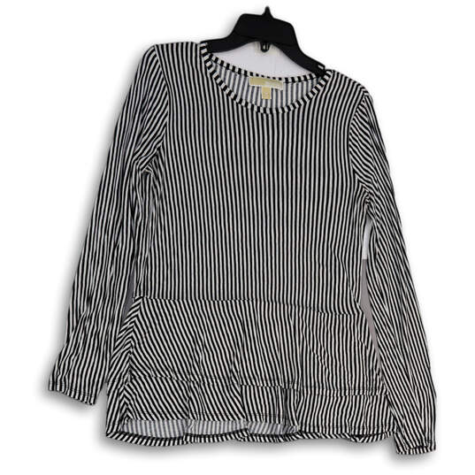 Womens Black White Striped Round Neck Long Sleeve Pullover Blouse Top Sz M image number 1
