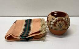 Native American Pottery and Textile Small Rug Vintage Pueblo Vase Signed Jemez