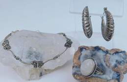 Romantic 925 Sterling Silver Oblong Hoop Earrings Marcasite Butterfly Bracelet & Moonstone Ring 22.4g