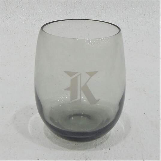 Vintage MCM Smoky Gray Glass Etched K Monogram Stemless Wine Glasses Set of 6 image number 3