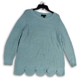 Womens Blue Knitted Long Sleeve Scalloped Hem Pullover Sweater Size 14/16