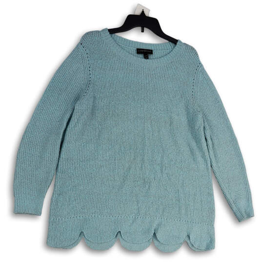 Womens Blue Knitted Long Sleeve Scalloped Hem Pullover Sweater Size 14/16 image number 1