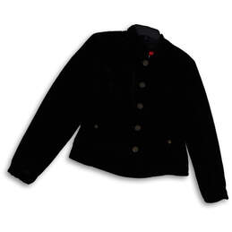 Womens Black Long Sleeve Pockets Stand Collar Front Button Jacket Size 8