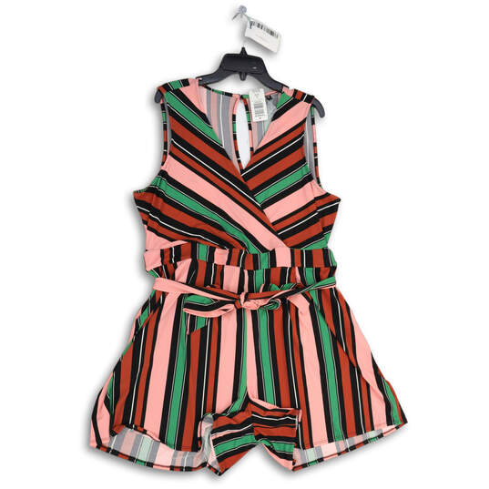 NWT Womens Pink Green Striped Sleeveless Tie Waist One-Piece Romper 3 22-24 image number 1