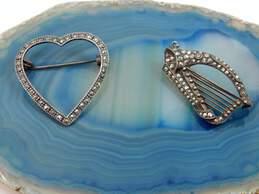 Vintage Sterling Silver Marcasite Harp & Open Heart Brooches 8.9g