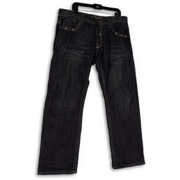 Mens Black Denim Dark Wash Embroidered Pockets Straight Leg Jeans Size 38