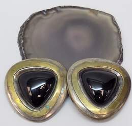 Taxco Mexico 925 & Brass Modernist Onyx Cabochon Chunky Triangle Statement Clip On Earrings 29.6g