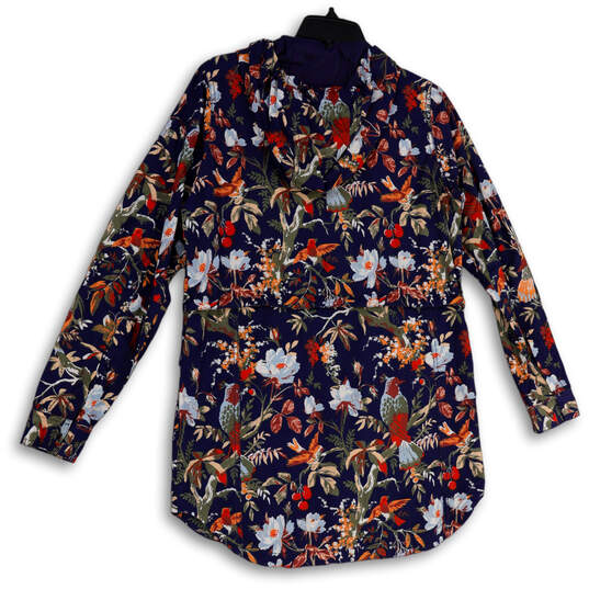 Womens Blue Floral Print Long Sleeve Pockets Full-Zip Hoodie Size Small image number 2