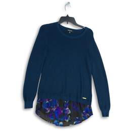 Ellen Tracy Womens Blue Crew Neck Long Sleeve Knitted Pullover Sweater Size M