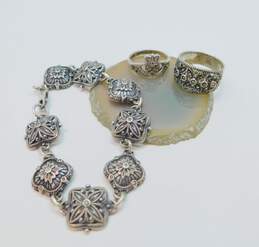 Romantic 925 Sterling Silver Marcasite Floral Cut Out & Claddagh Rings & Panel Bracelet 31.0g