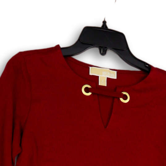 Womens Red Split Neck Long Sleeve Stretch Pullover Blouse Top Size S image number 3