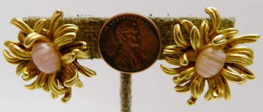 Vintage Oscar de la Renta Gold Tone & Pink Rhinestone Cabochon Flower Earrings 17.9g image number 5