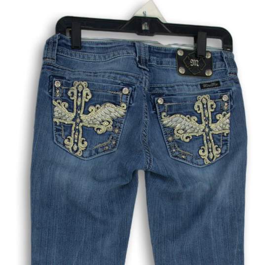 Womens Blue Denim Medium Wash Studded Embroidered Bootcut Leg Jeans Size 27 image number 4