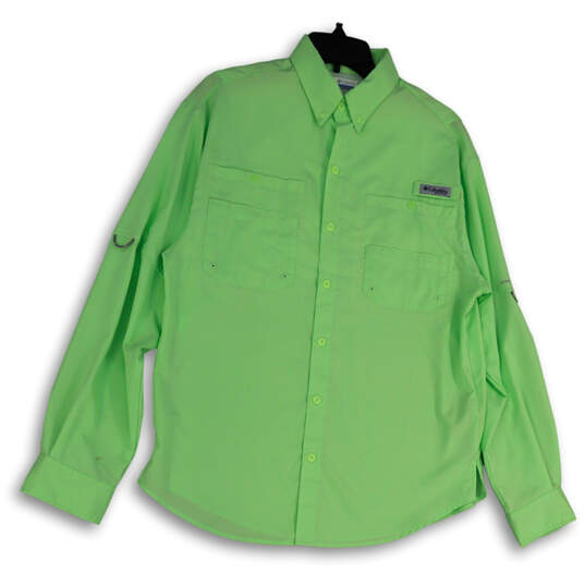 Mens Green Long Sleeve Pockets Collared PFG Fishing Button-Up Shirt Size S image number 1