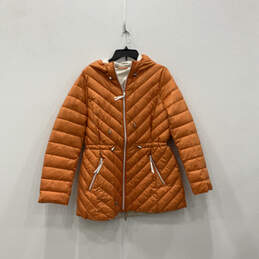 Womens Orange Long Sleeve Hooded Full-Zip Puffer Coat Size Large