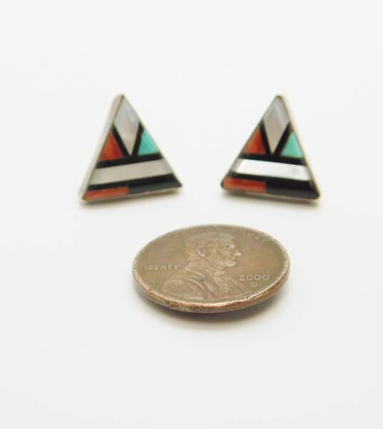 Southwestern 925 Inlay Onyx, Turquoise, Coral & Mother Of Pearl Triangle Stud Earrings 2.3g image number 5