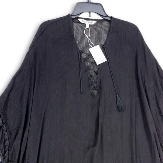 NWT Womens Black Tassel Lace-Up Neck Short Kaftan Dress One Size image number 3