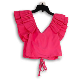 NWT Womens Pink Ruffle Sleeve V-Neck Drawstring Cropped Blouse Top Size M alternative image