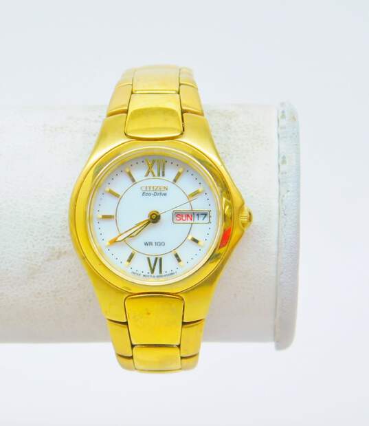 Citizen Eco-Drive Movement E000 WR 100 Gold Tone Stainless Steel Watch Day Date 56.1g image number 1