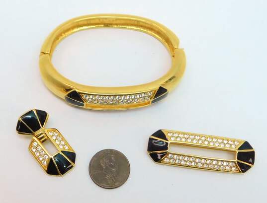 Vintage SAL Swarovski Icy Crystal Black Enamel & Gold Tone Drop Earring Brooch & Hinged Bangle Bracelet 64.1g image number 8