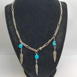Sterling Silver Turquoise Nugget Figaro Chain Feather 18inch Necklace 21.2g
