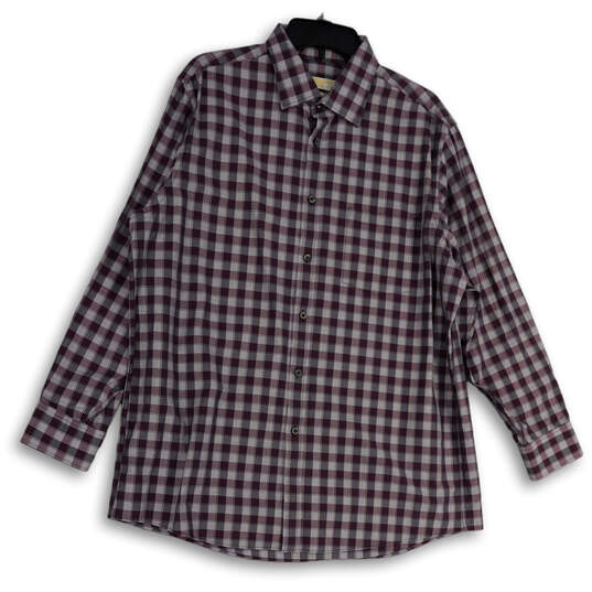 Mens Purple Plaid Long Sleeve Spread Collar Casual Button-Up Shirt Size L image number 1