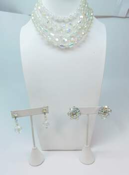 Vintage Aurora Borealis Crystal Necklaces & Silver Tone Clip On Earrings 145.9g
