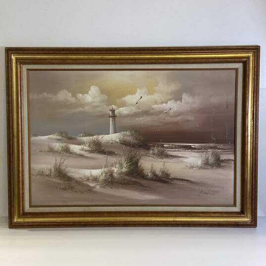 Lighthouse Sand Dunes Oil on canvas by K. Wilson Signed. Vintage Matted & Framed image number 1