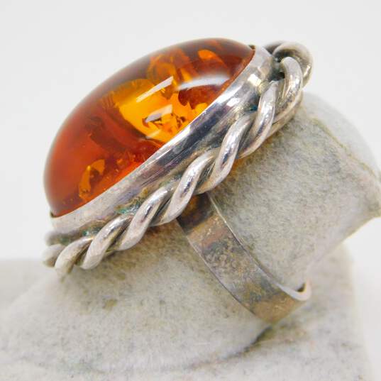 Artisan 925 Amber Cabochon Rope Oval Statement Ring 15.2g image number 3