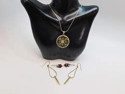 Artisan 925 Vermeil Mandala Circle Pendant Necklace & Opal & Garnet & Unique Bar Chain Loop Drop Earrings 20.6g