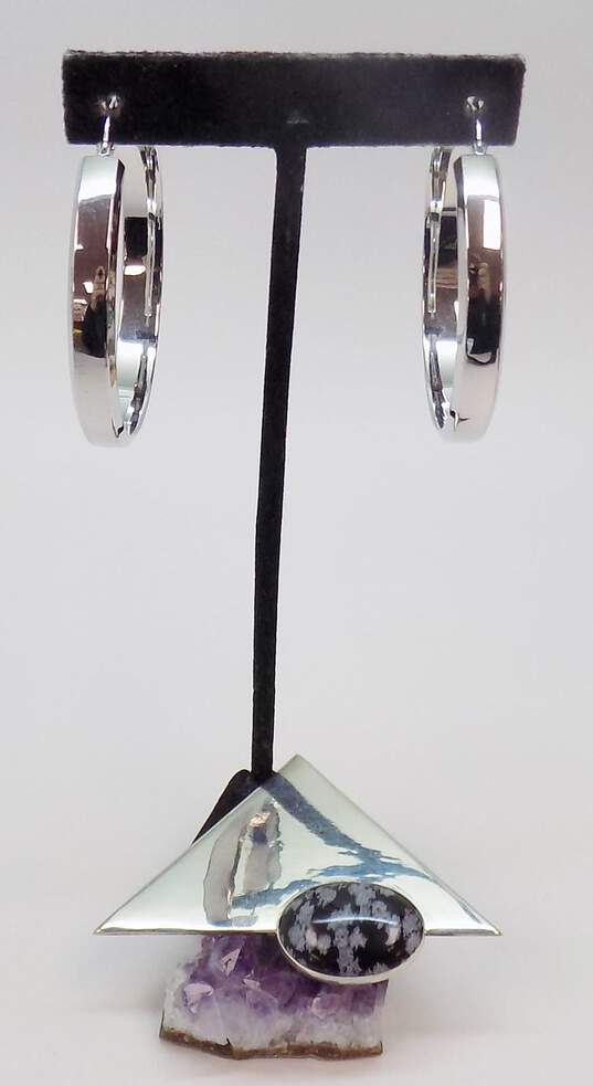 Signed C & Artisan 925 Snowflake Obsidian Cabochon Geometric Triangle Brooch & Chunky Hoop Earrings 28.1g image number 1