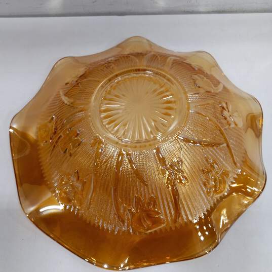 3 Vintage Carnival Glass Peach Scalloped Edge Leaf Design Bowls image number 4